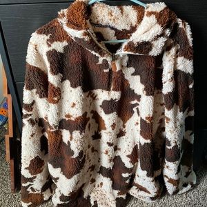 brown cow print sherpa pullover